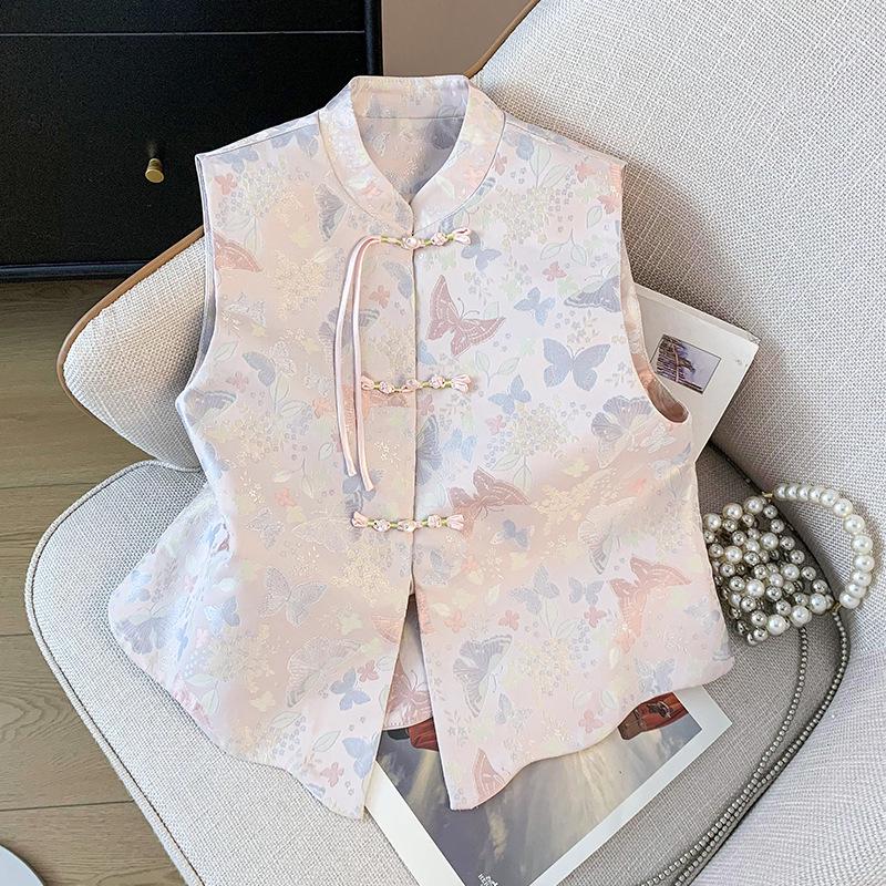 

2025 Women s Retro Chinese Jacquard Brocade Vest: Sleeveless, Oblique Placket Top Small розовый