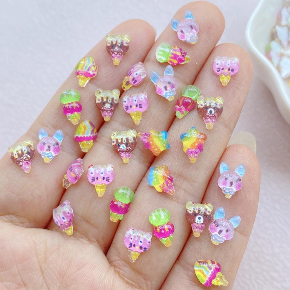 100Pcs Cute Mini Cartoon Little Bear, Star, Rabbit Ice Cream Nail Art Resin Designer Charms DIY Craft For Nail 3D Decorations
