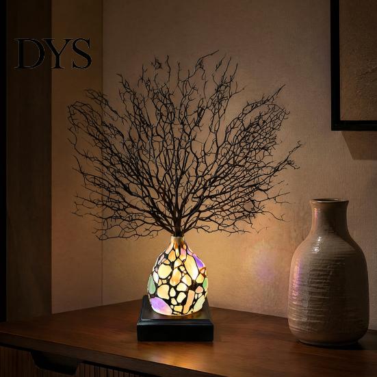 Creative Gift for Home Tree of Life Resin Night Light, Colorful Gemstone Mosaic LED Table Lamp with Solid Wood Base Base, Vintage Art Desktop