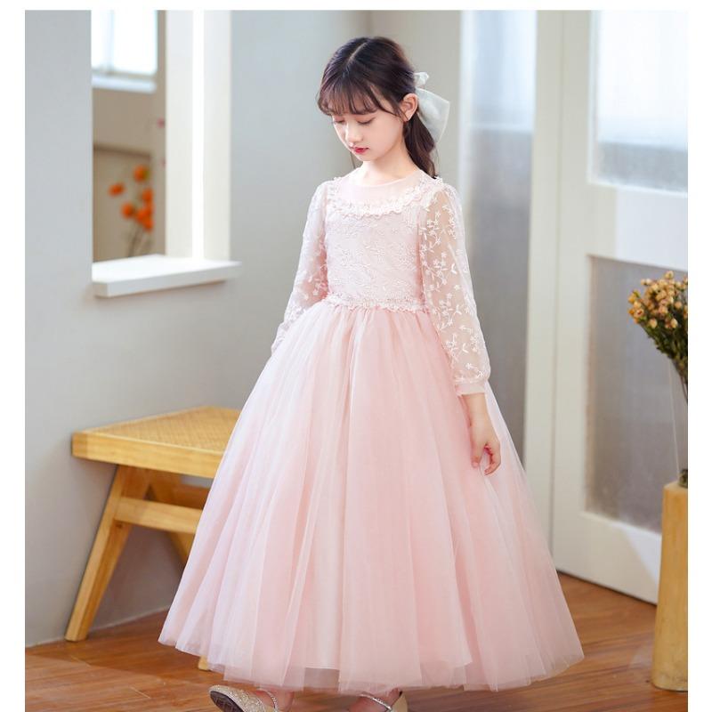 Kids Girls Long Sleeve Embroidered Tulle Puffy Formal Party Dress
