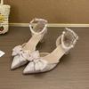 Medium Heel Stiletto High Heels Women's Single Shoes 2025 Summer New One-word Buckle Bow Single Shoes Fairy Style Work Shoes