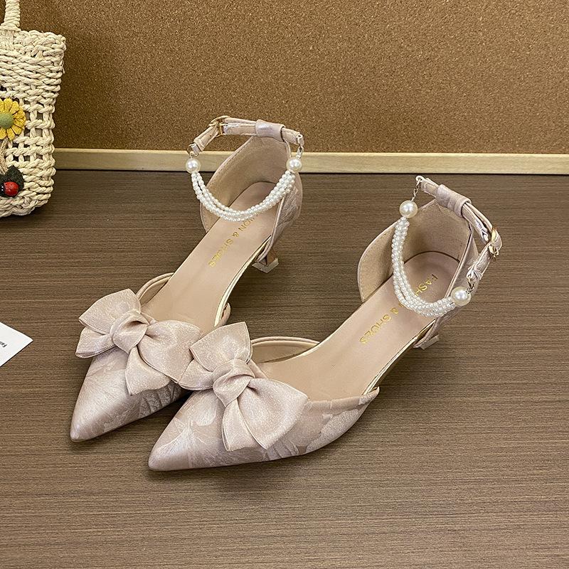 Medium Heel Stiletto High Heels Women's Single Shoes 2025 Summer New One-word Buckle Bow Single Shoes Fairy Style Work Shoes