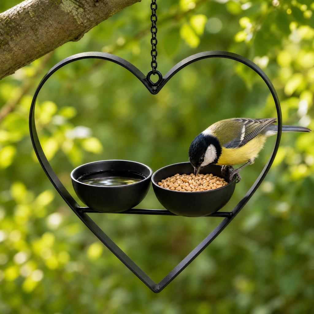 Decorative Heart-Shaped Outdoor Hanging Bird Feeder with Two Bowls