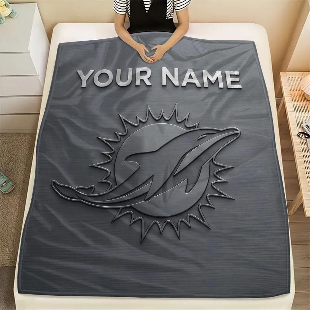 Custom Name,Miami Dolphins Printed Flannel Blanket, Soft Throw for Bedroom Sofa, Washable, Christmas Present, Great Gift.