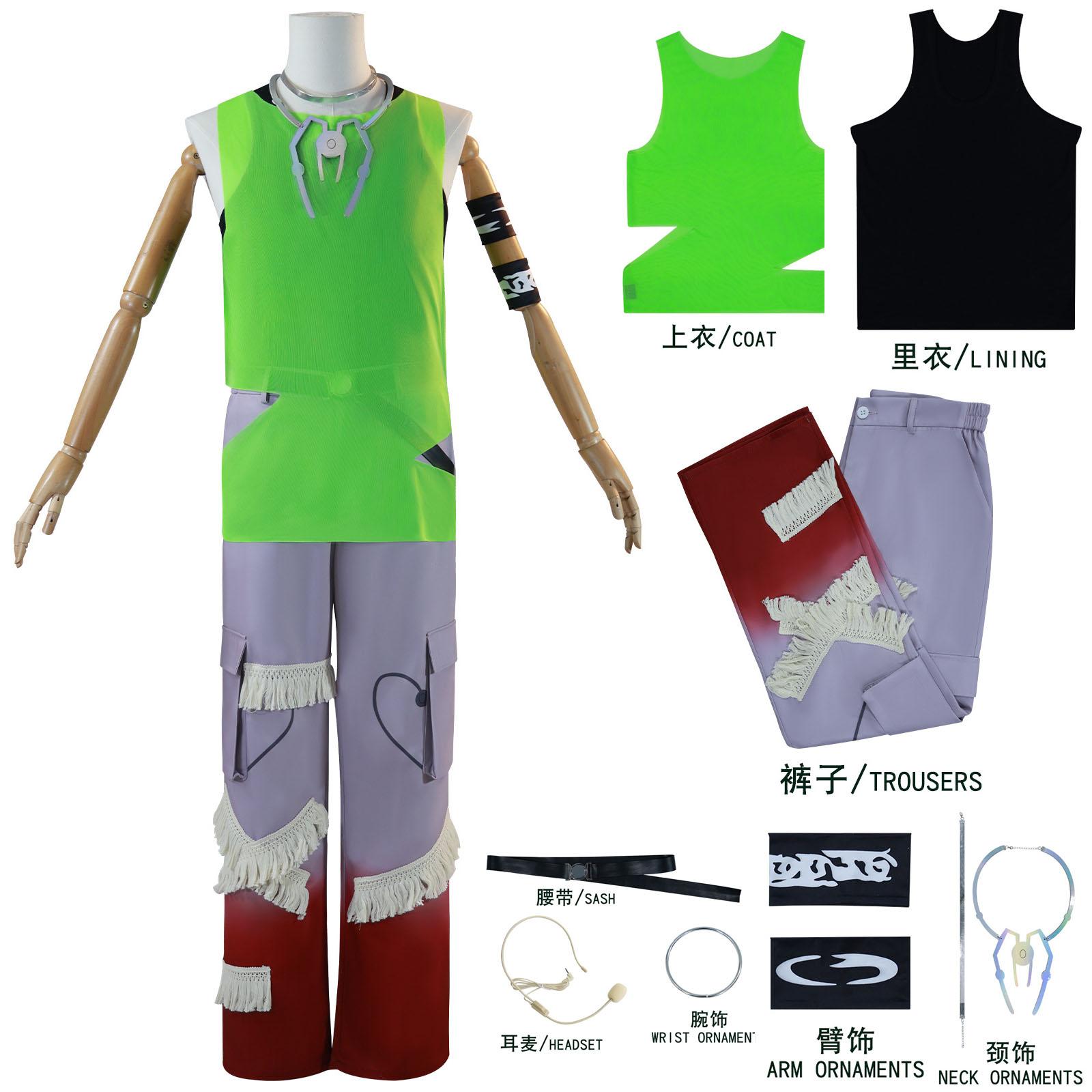 Till Cosplay Alien Podium R7 Knipperend Weg Groen Vest Outfit Kostuum Pruik Armband Prop Ketting Decor Unisex Broek Performance Pak XS（old）&Traditional Cultural Wear green
