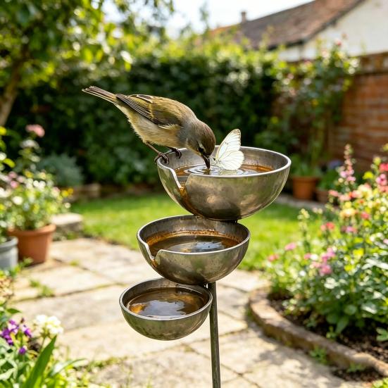 Metal Bird Bath Rustic Vintage Rain Catcher Garden Stake with 3-Tiered Bath Bowls Outdoor Bee Watering Station for Outside