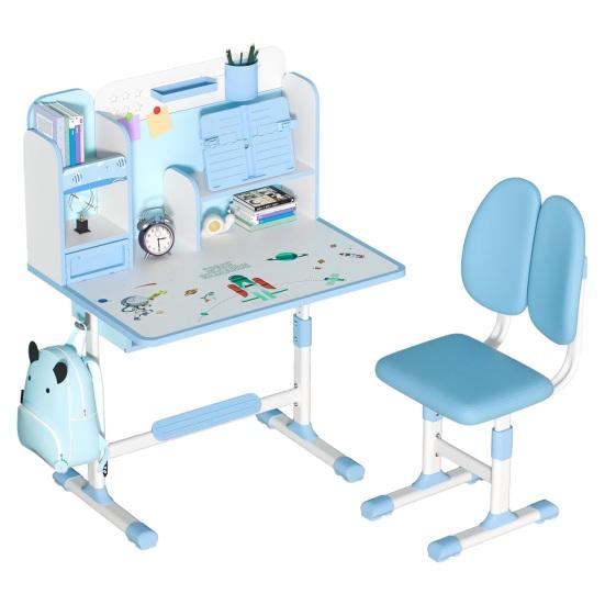 2 ks/sada Dětský psací stůl a židle Nastavitelná výška Psací stůl a židle s korektorem sezení Ergonomická židle ke stolu se stojanem na knihy (Růžová, Modrá)