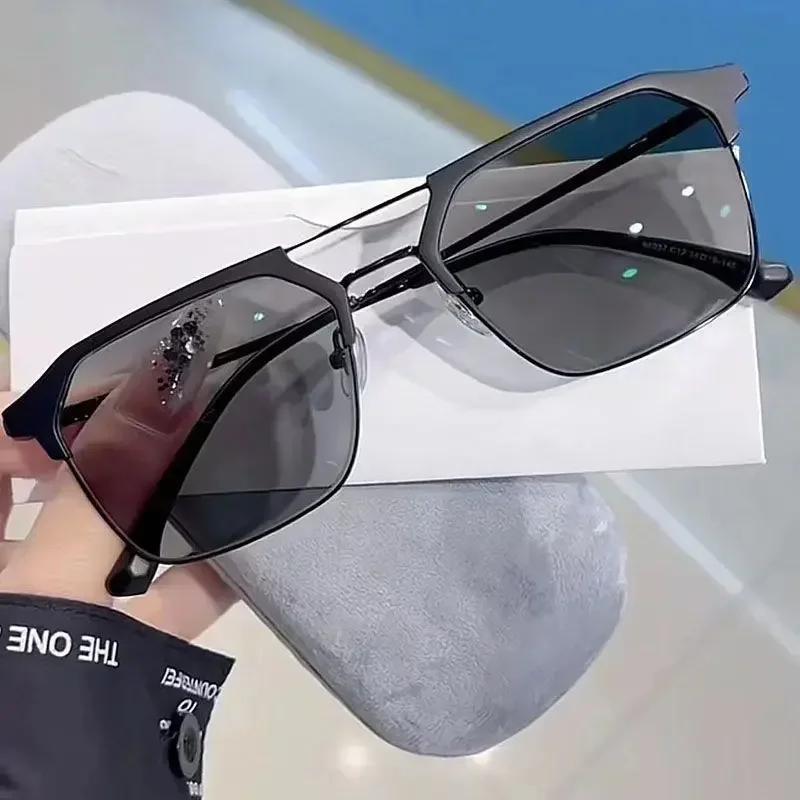 Mens Color Changing Anti Blue Light Glasses Metal Double Beam Retro Photochromic Eyewear Luxury Myopia Glasses