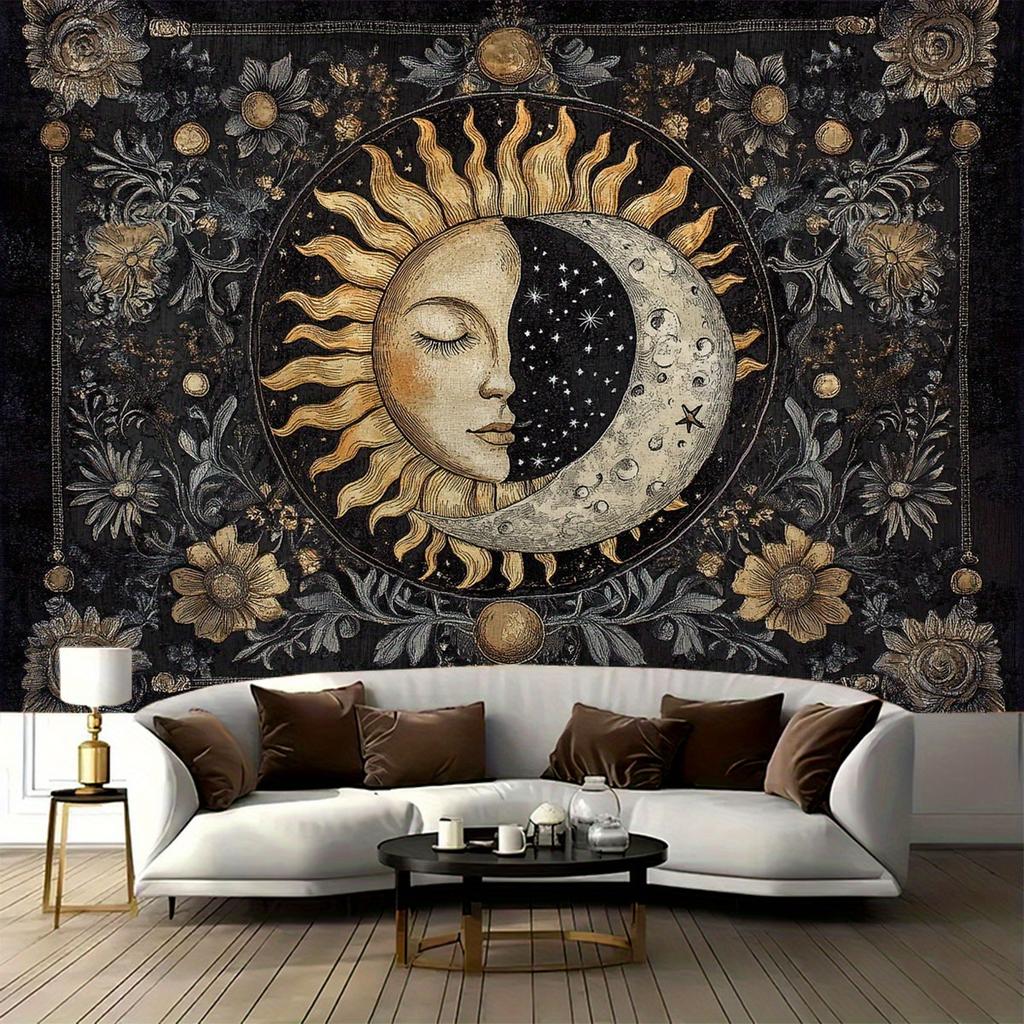 1pc Celestial Sun and Moon Tapestry Sun and Moon Design Stars and Floral Pattern for Living Room Bedroom Dormitory Decoration