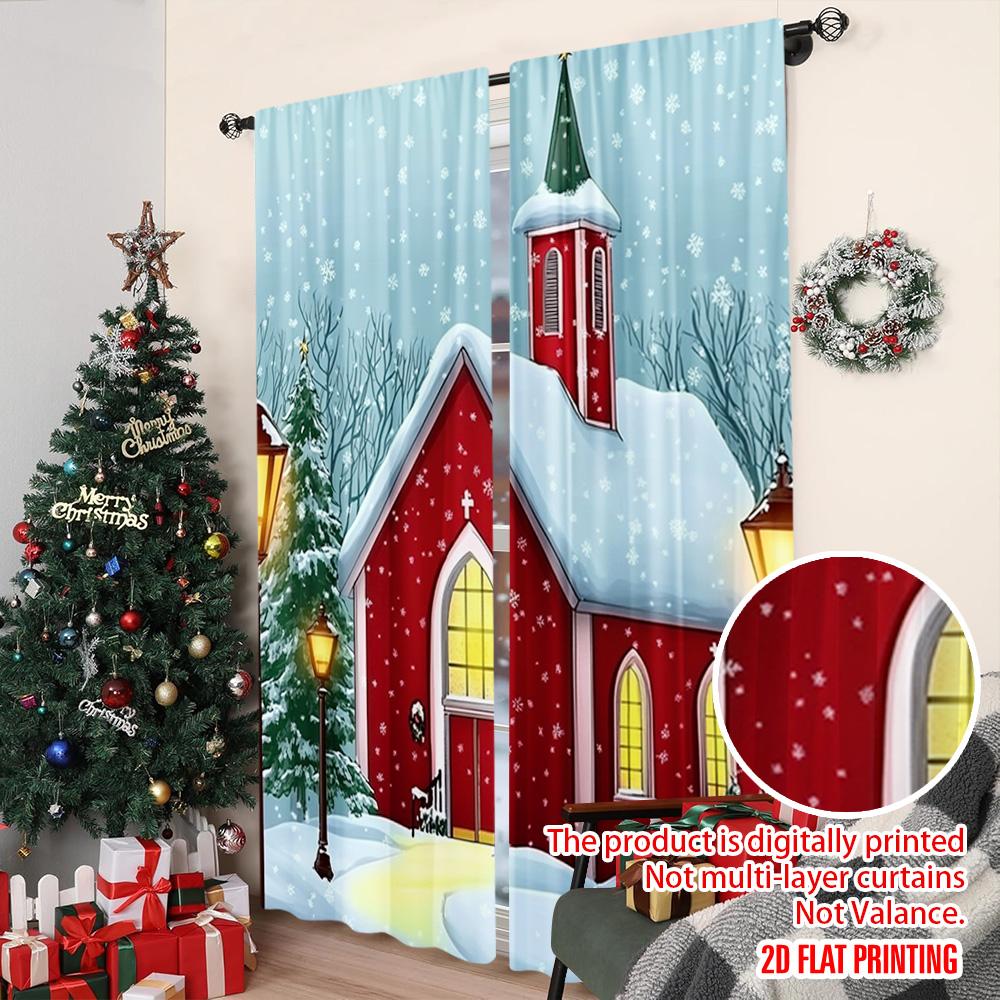 2pcs 2D flat printing Merry Christmas Popular Party Window Curtains Festive Red Church with Snow Scenery Versatile Polyester