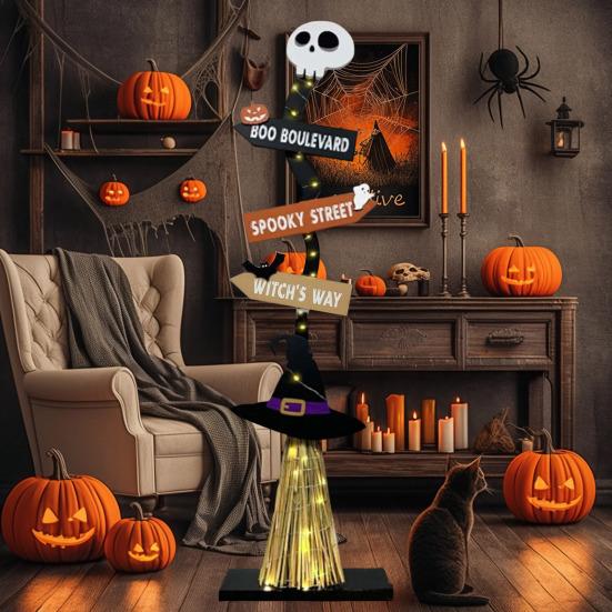 Halloween Wood Witch Broom Porch Sign Spooky Halloween Witch Broomstick for Indoor Outdoor Porch Yard Home Decor