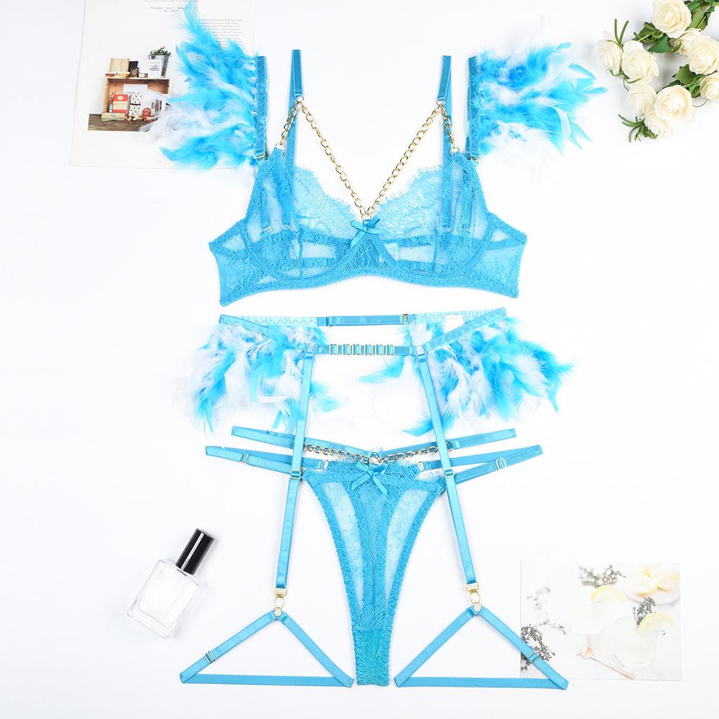 Women Sexy Exotic Set Feather Lace Lingerie Bra Set Elegant See Through Underwear Party Club Micro Bikini Thong Exotic Apparel