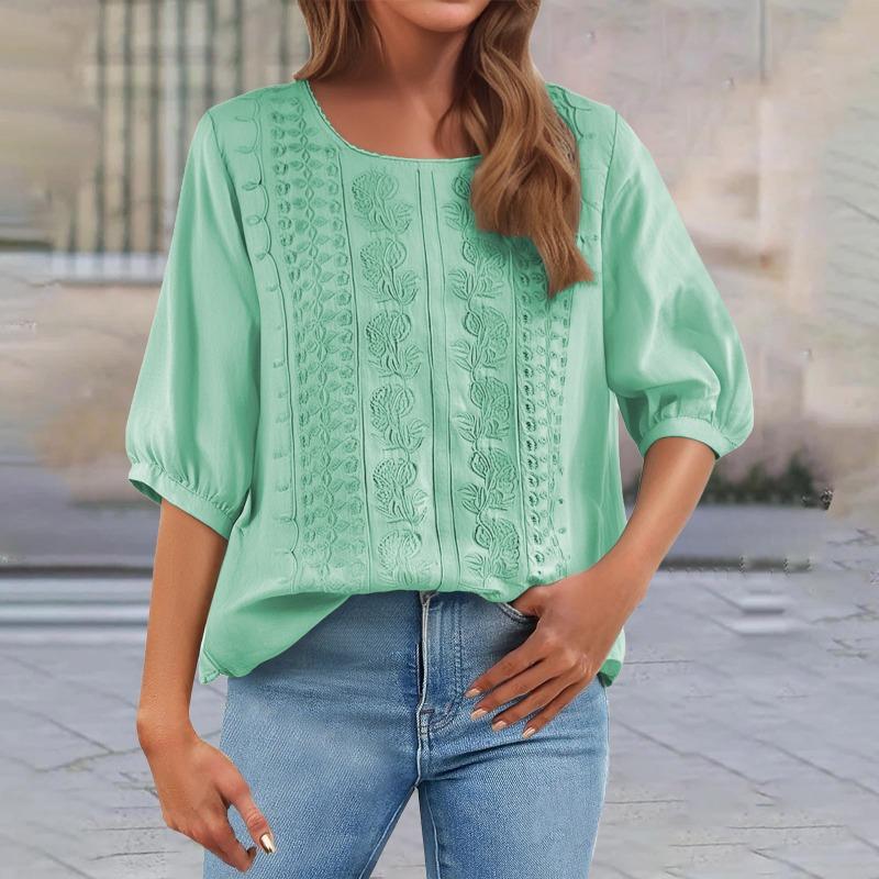 Summer Elegant Embroidery Loose Women Blouse Large Size Casual T-shirt Loose Simple Office Solid Color Fashion Elegant O Neck Sweet Shirts Clothing
