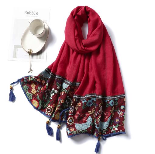 Vintage Cotton and Linen Scarves Solid Colors and  All Matching Shawls Long Wood Bead Tassel Muslim Headscarf Embroidery Scarves