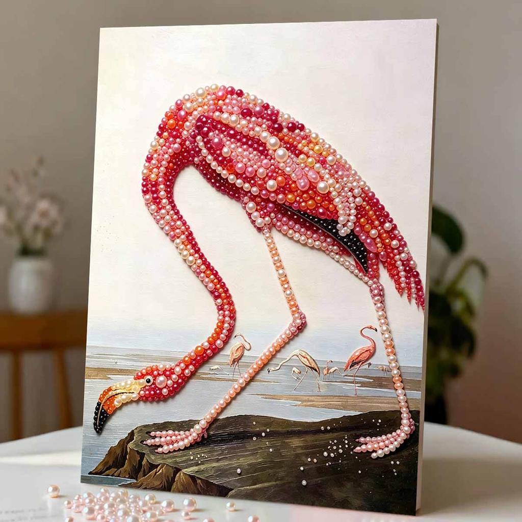 DIY Framed Pearl Painting Kit with Elegant Flamingo Pattern 5D Sparkling Bead Art Canvas Ready to Display Home Decor Modern Craft Gift Idea
