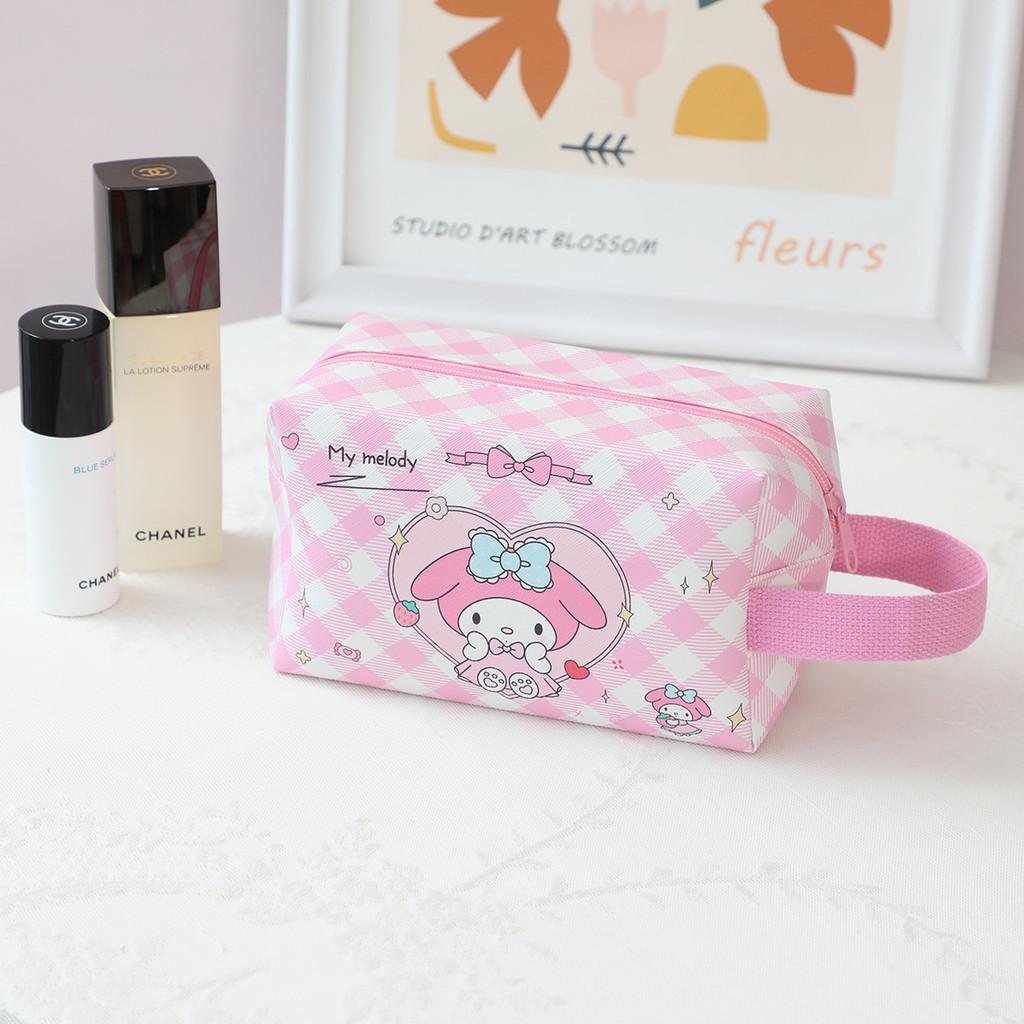 Melody Grid Party Cartoon Leather Waterproof Makeup Storage Bag With Handle