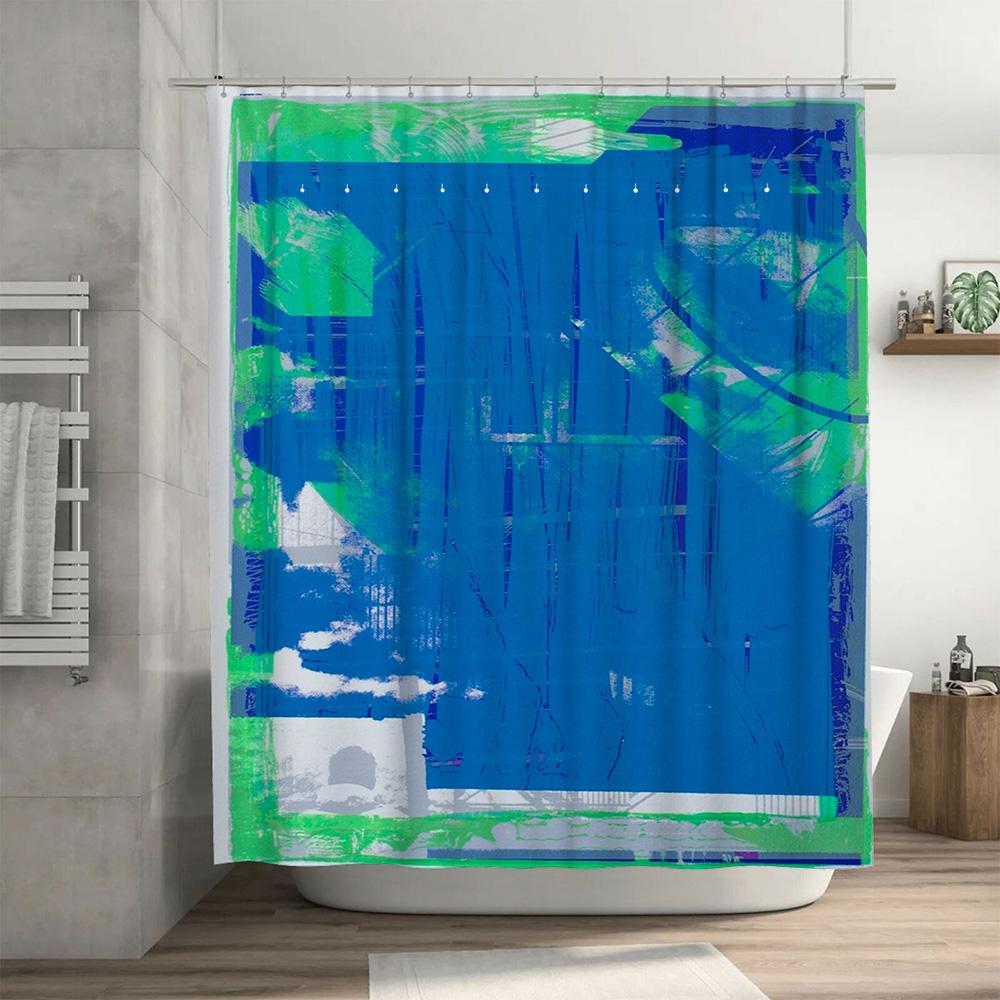 Modern Bathroom Decor Shower Curtain Set Bold Blue Green Abstract Design for Home Bathrooms Waterproof Fabric with Silver Eyelet