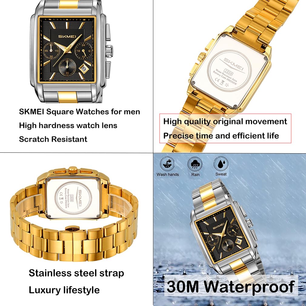 Skmei Square Watch Men Stylish Silver Stainless Steel Wristwatch Gentleman Waterproof Analog Business Casual Chronograph Male Luxury Gift Black Wach