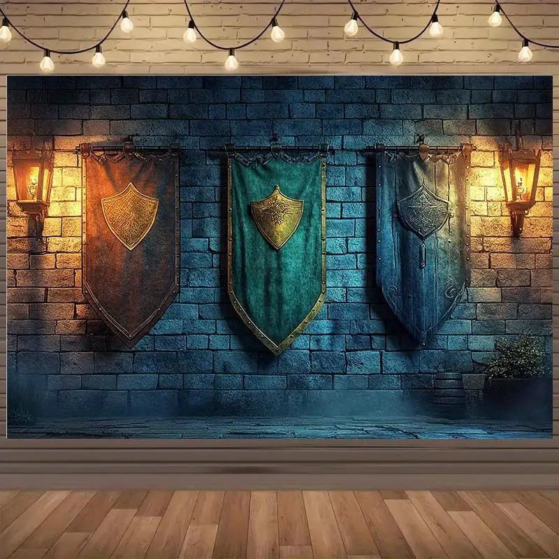 2D plane Century Castle wall background fabric with shield and stone brick design polyester fiber