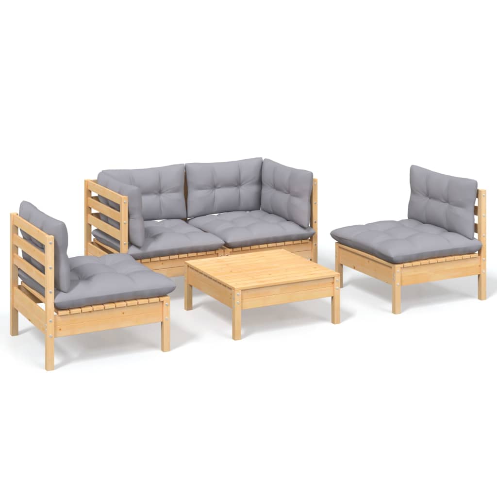 Vidaxl 5-Cz. Garden Lounge Set, Grey Cushions, Pine