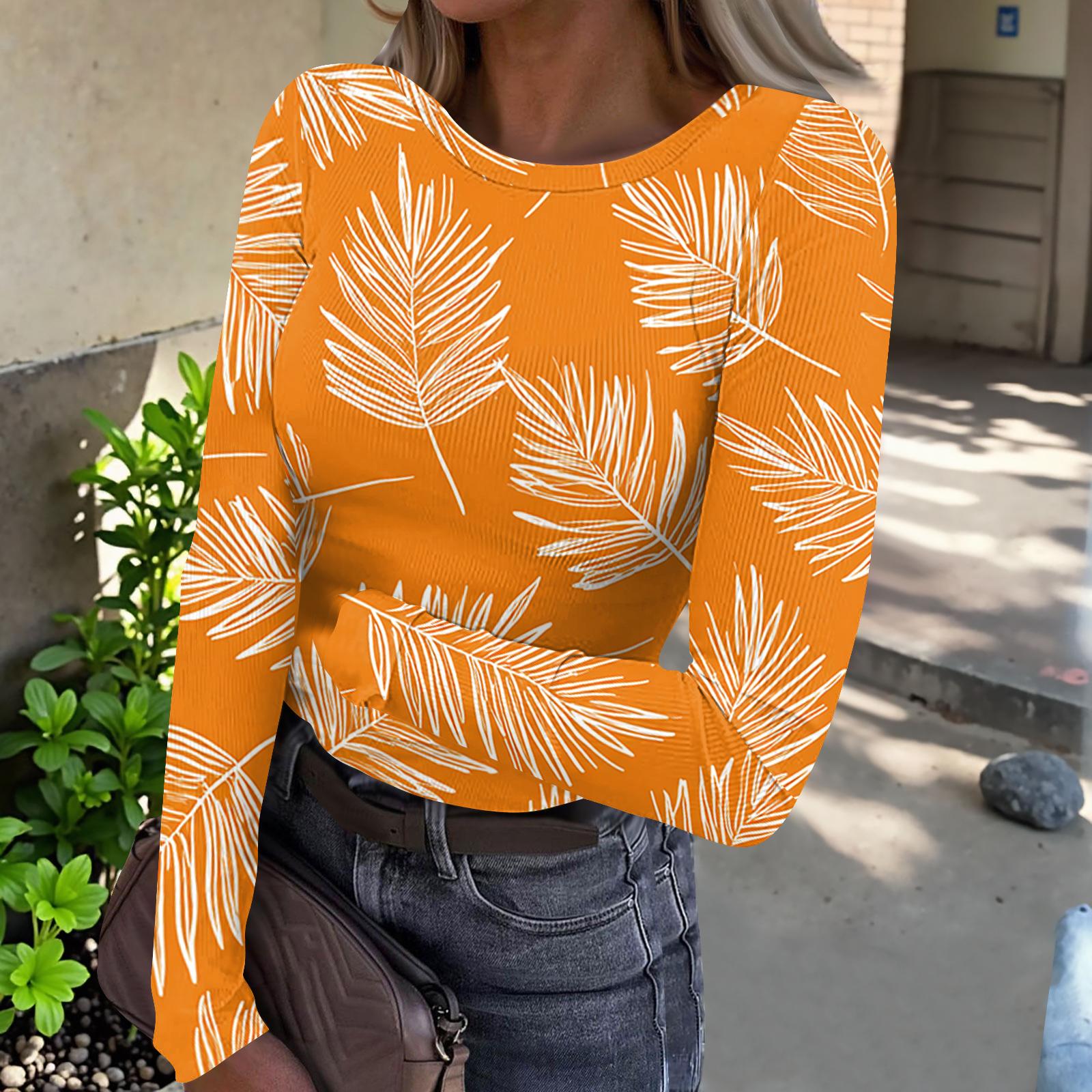 

Женский повседневный модный топ с круглым вырезом, гавайским принтом, длинным рукавом и резинкой XXL оранжевый