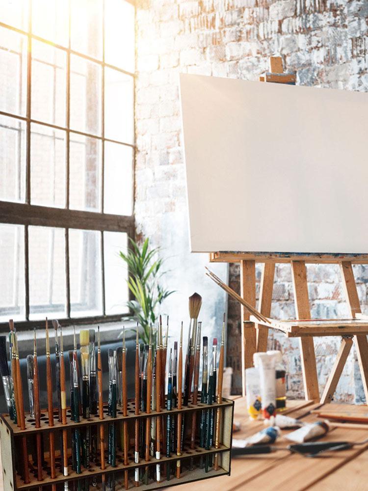 Premium Holzpinselhalter mit 67 Fächern - Langlebiger Künstler-Schreibtischorganizer, Aufbewahrung für Bleistifte & Pinsel, Elegante Kunst- & Bastelbedarf