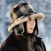 Winter Hat for Women Japanese Retro Thickened Fisherman Hat Plaid Windproof Warm Ear Protection Hat Casual Versatile Plush Hat