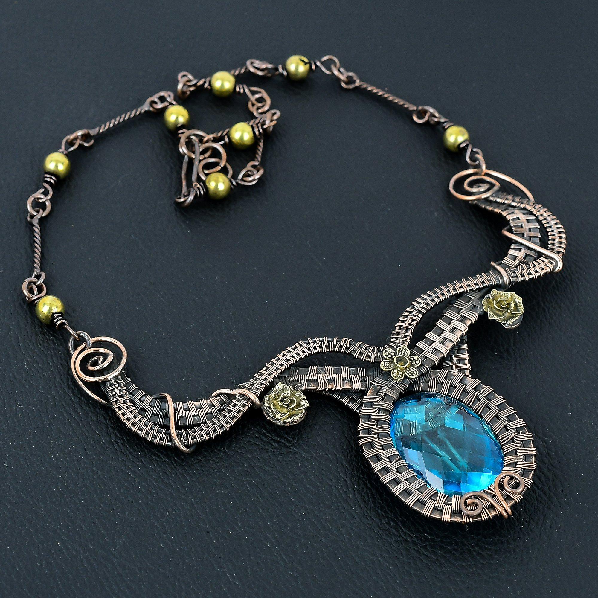 

Blue Topaz Necklace Handmade Jewelry, 999 Copper Wire Wrapped Necklace Designer Gemstone Jewelry Adjustable Chain Necklace Gift For Mom