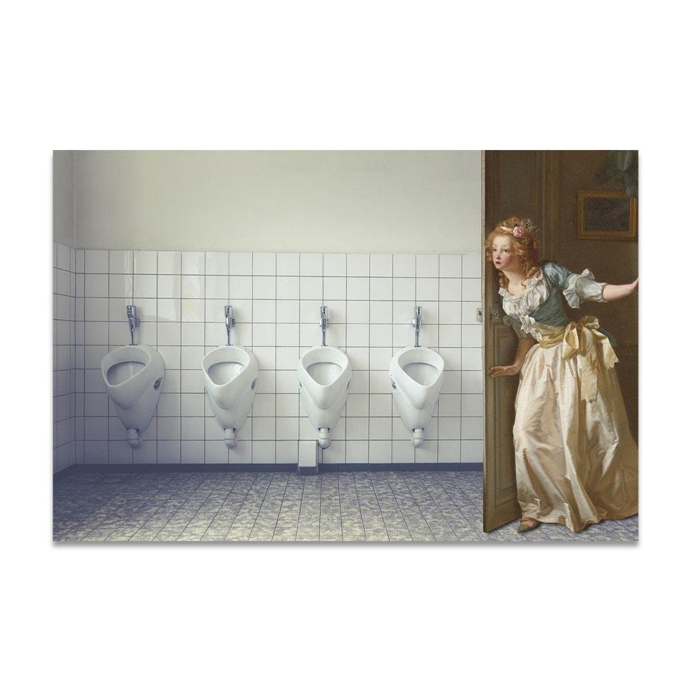 

Дівчина цікавиться чоловічим туалетом. Друк плакатів на полотні. Смішна відома картина. Настінне мистецтво. Картина для домашнього декору туалету. 21x30 No Frame