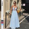 Upgraded Summer New Deep V-neck Striped Vacation Dress Hot Sale Backless Sleeveless Neck Long Dress
