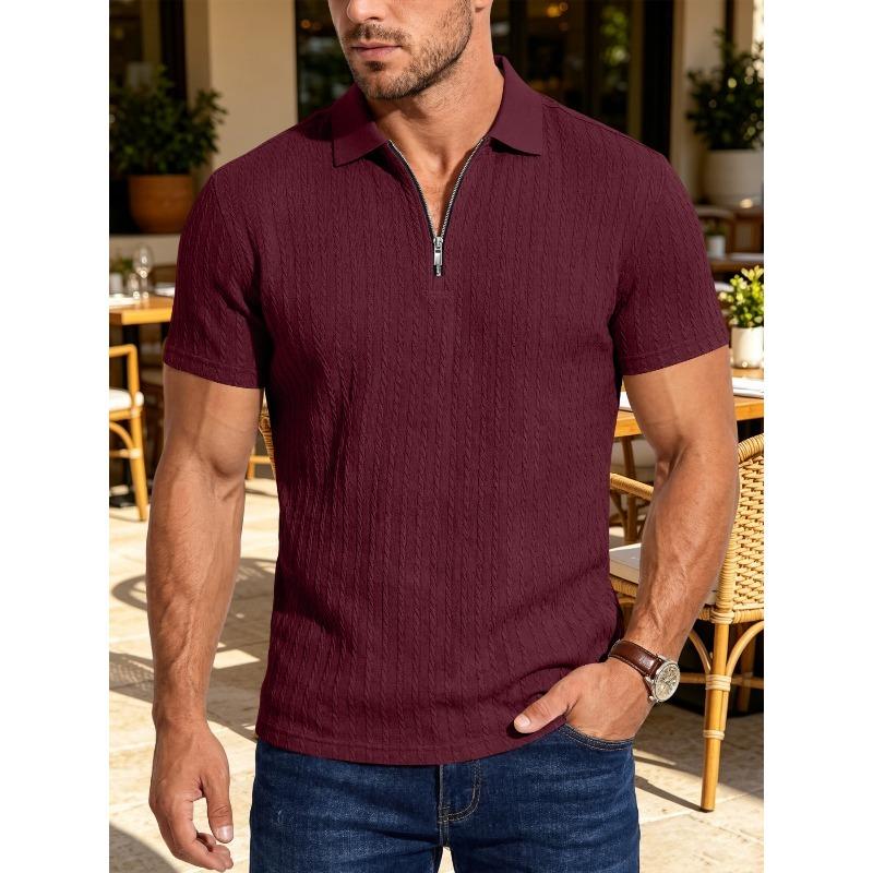 Summer Men's Textured Jacquard Half Zipper Lapel Polo Shirt Breathable Loose American Casual Short Sleeves
