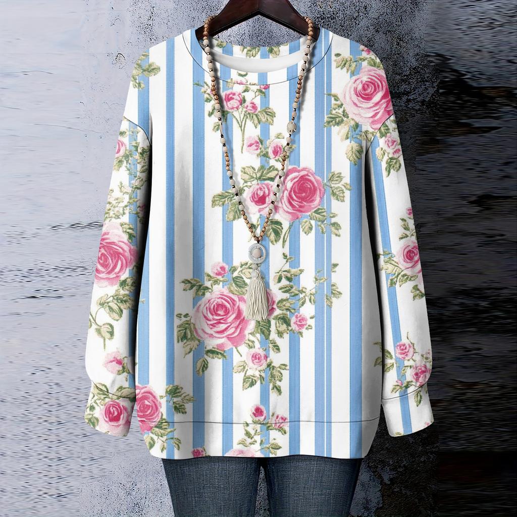 Women's Floral Print Round Neck Long Sleeved T-shirt Sweatshirt Top