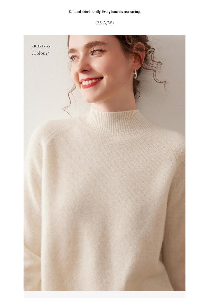 Women's Korean Style Cashmere Sweater: Half-High Collar, Solid Color, Short Raglan Sleeve, Perfect for Autumn and Winter