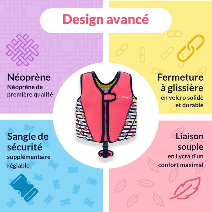 Limmys Gilet de Natation en Néoprène Premium - Gilet de Sauvetage pour Enfants - 8 Flotteurs Amovibles - Pétale Rose - Petit