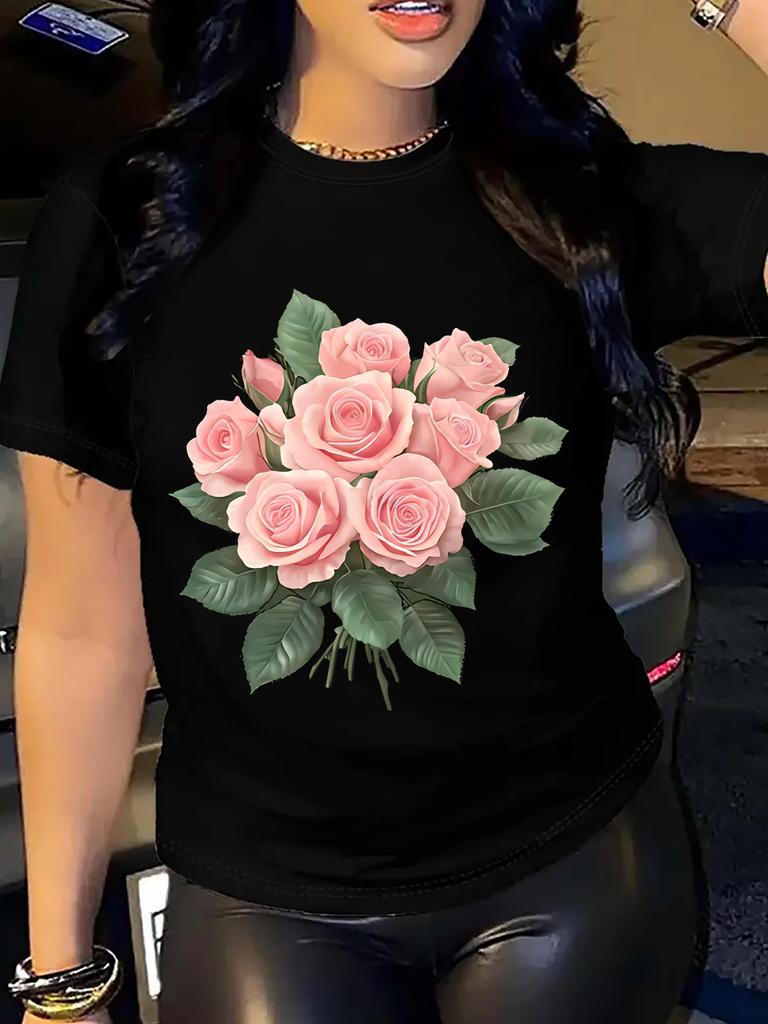 T-shirt da Donna con Stampa Floreale - Top Casual Girocollo a Maniche Corte, Design con Rose Rosa e Foglie Verdi, Stile Primavera & Estate, Abbigliamento Casual Primaverile