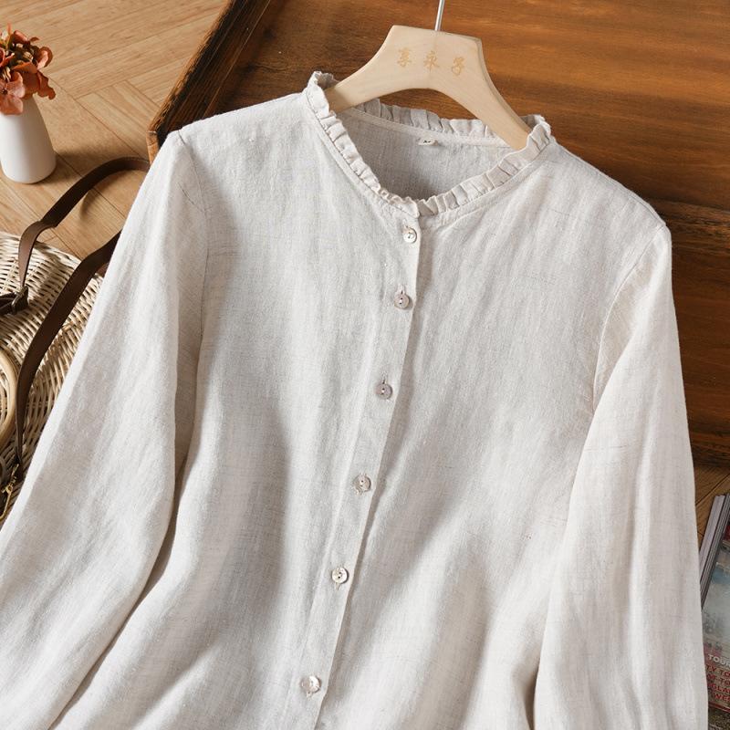 Women Frill Collar Retro Solid Loose Long Sleeve Halter Neck Casual Shirt