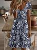 Vneck Shortsleeve Midi Dress Floral Summer Women’s Dress Navy White Botanical Print 3D Premium Printing Durable Fabric Casual and Stylish Design Fo
