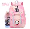 2Pcs/set Cartoon Demon Slayer Printed Backpack with 750Ml Water Bottler for Teenager Bookbag Large Capacity Waterproof Travel Bag