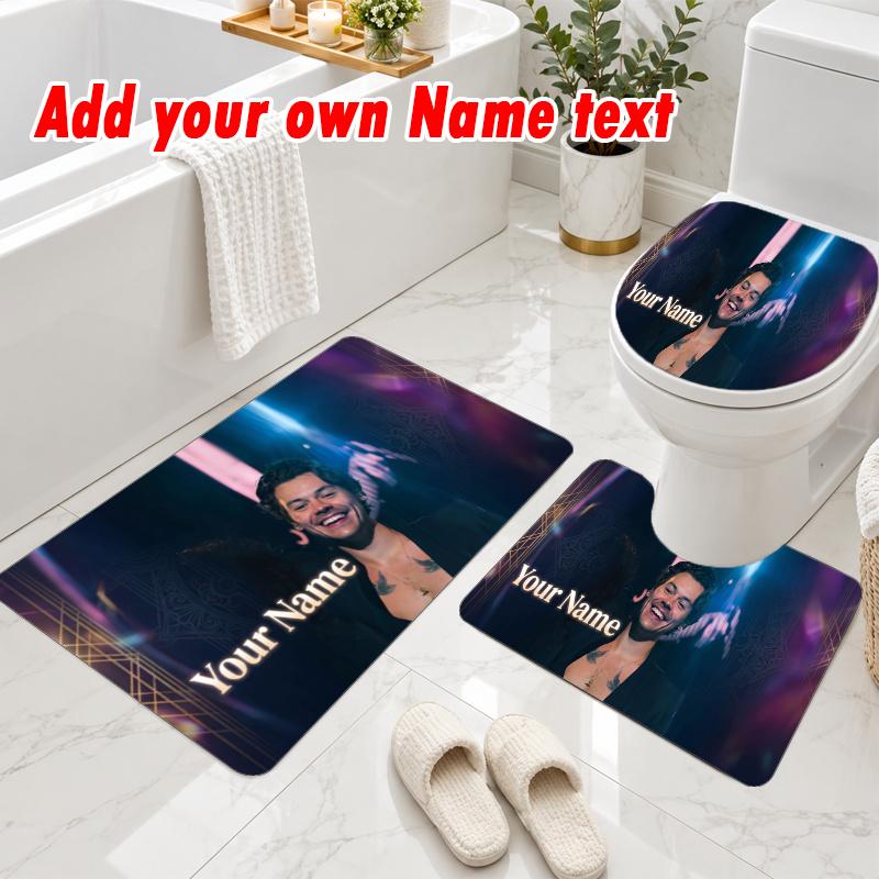 Personalized Harry Styles 3Pcs Flannel Toilet Mat Set Custom Text Bathroom Rug Non Slip