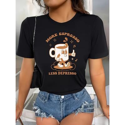 T-shirt Grafica Casual da Donna - "Più Caffè Meno Tristezza" Nera con Tazza da CaffèT-shirt di Tutti i Giorni | T-shirt Grafica Divertente | Elegante Maglietta Nera