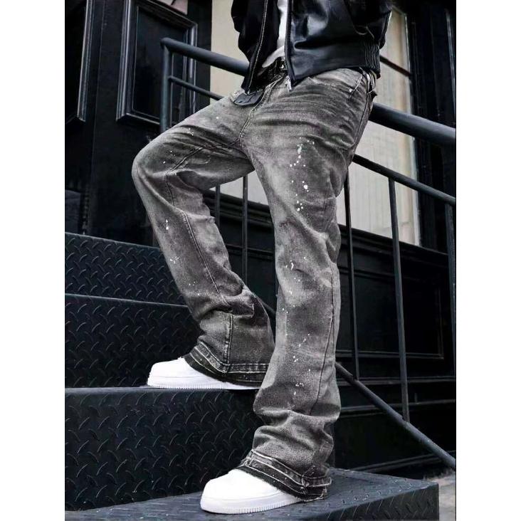 American retro washed distressed gray splatter-paint curved cut men s jeans, trendy loose wide-leg pants S