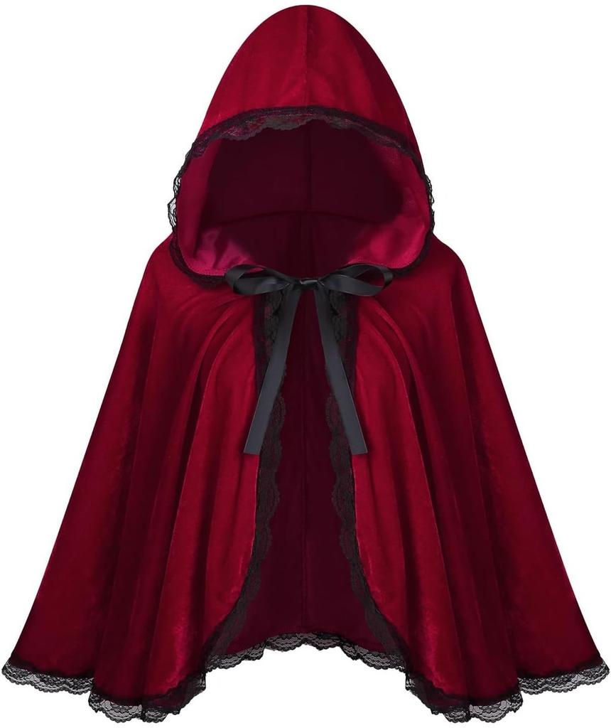 Lussuoso Mantello Corto con Cappuccio e Bordi in Pizzo Rosso Vino per Donna Perfetto per Halloween e Altro
