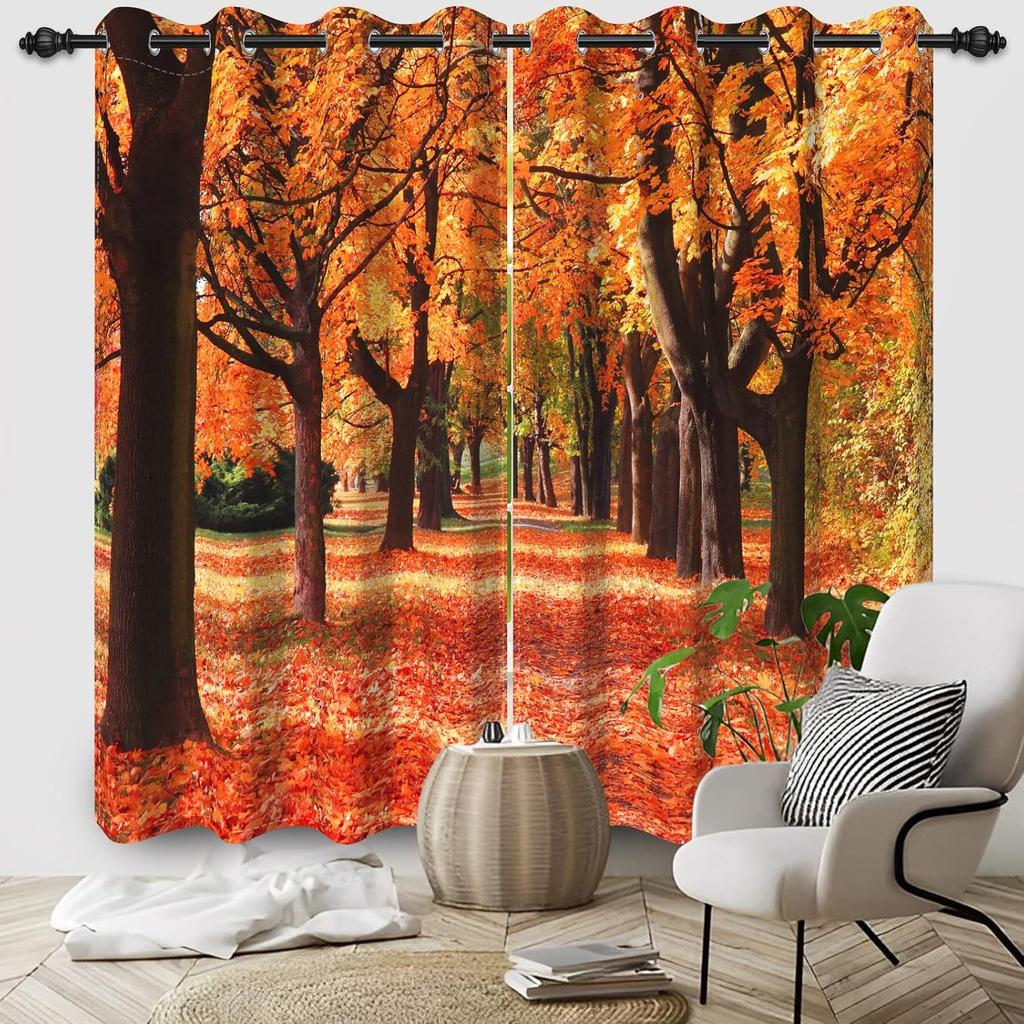 Orange Yellow Leaves Curtain Fall Scenery Forest Trees Window Drapes Panels Set Patio Office Living Room Curtains Light Blocking Polyester Great Decor