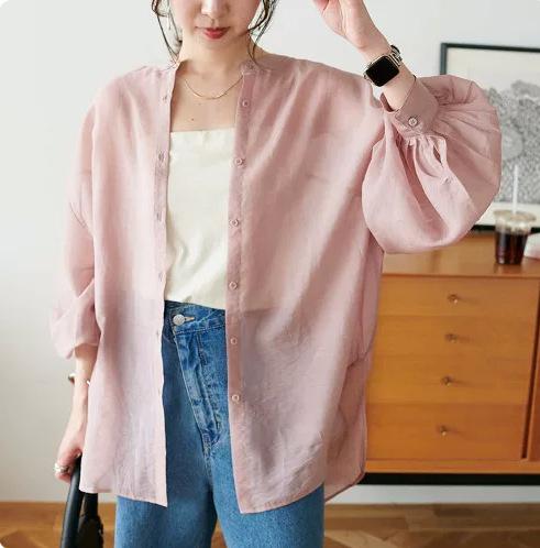 Day single spring and summer commute leisure vacation style loose and thin large size perspective long-sleeved shirt solid color shirt women