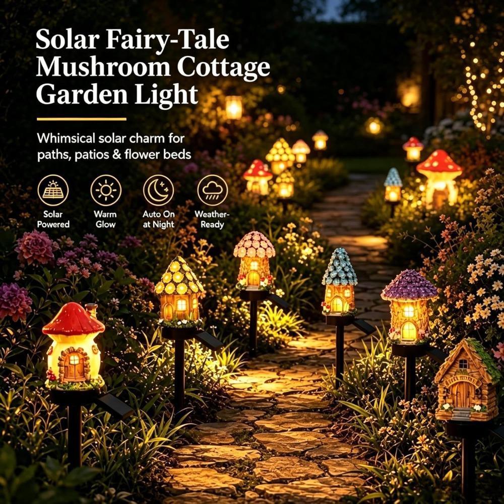 Solar Fairy Tale Mushroom House Lamp, Cottage Yard Garden Stake Light, Resin Mushroom House Ornament, Waterproof LED Mushroom House Statue Lamp