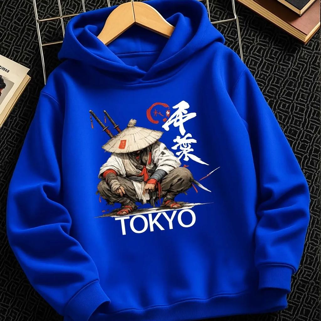 Boys Girls Kids Hoodie Japanese Samurai Printed Sweatshirt Tokyo Graphic Pullover Hooded Top Streetwear Autumn Winter Clothing