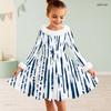 Girls High Neck Long Sleeve Blue White Printed A Line Flared Dress With Fur Trim And Bow
