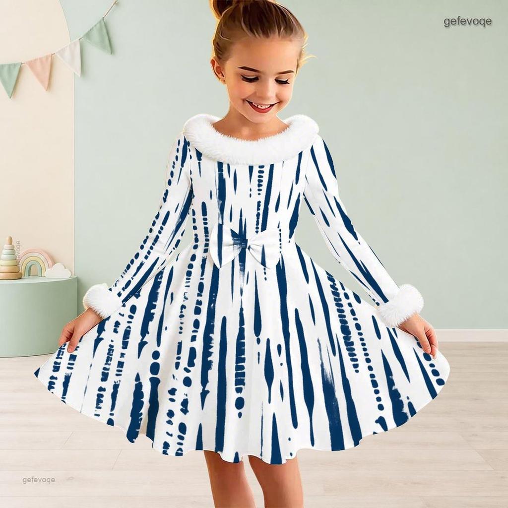 Girls High Neck Long Sleeve Blue White Printed A Line Flared Dress With Fur Trim And Bow