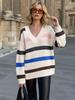 European & American Autumn/Winter V-Neck Striped Sweater - Women's Loose Fit, Long Sleeve, Mid-Length