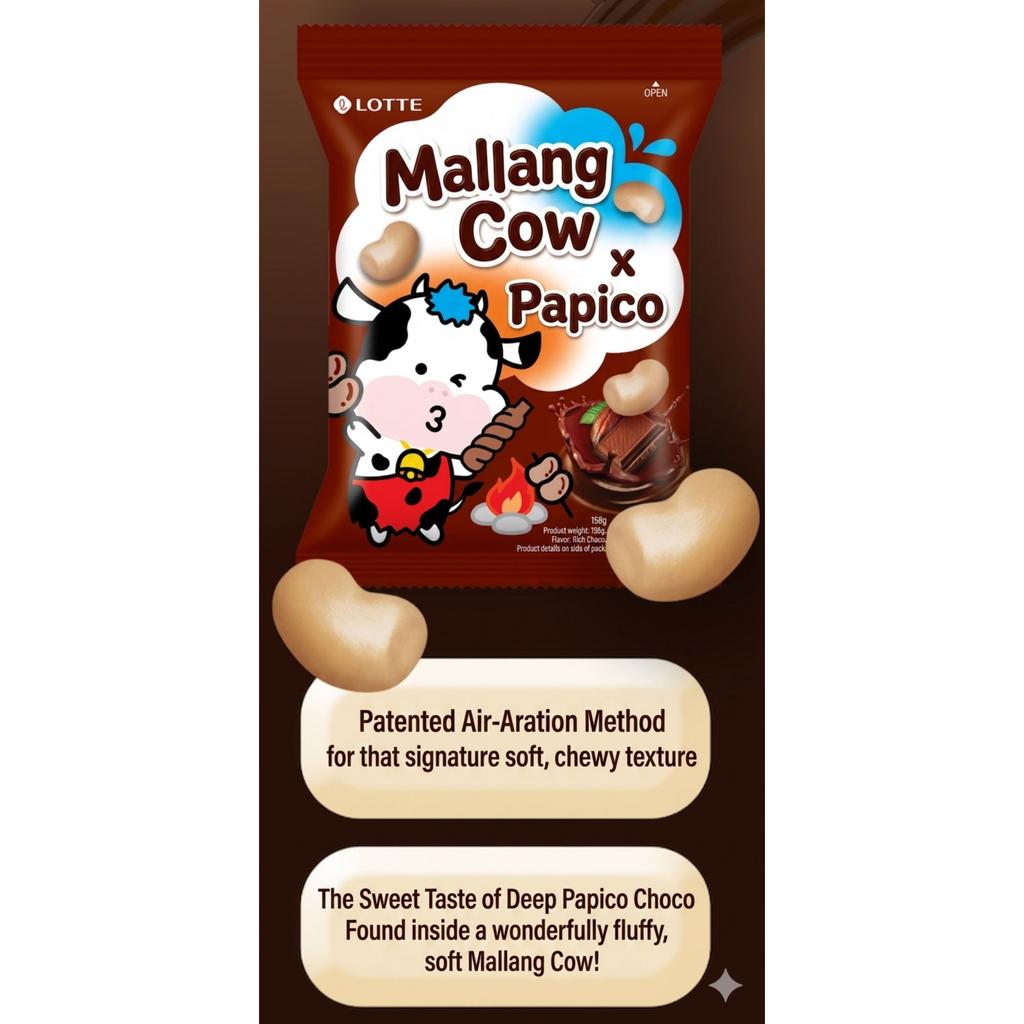 [Lotte] Soft Candy Mallang Cow - Papico Choco Flavor 158g (Pack of 2)